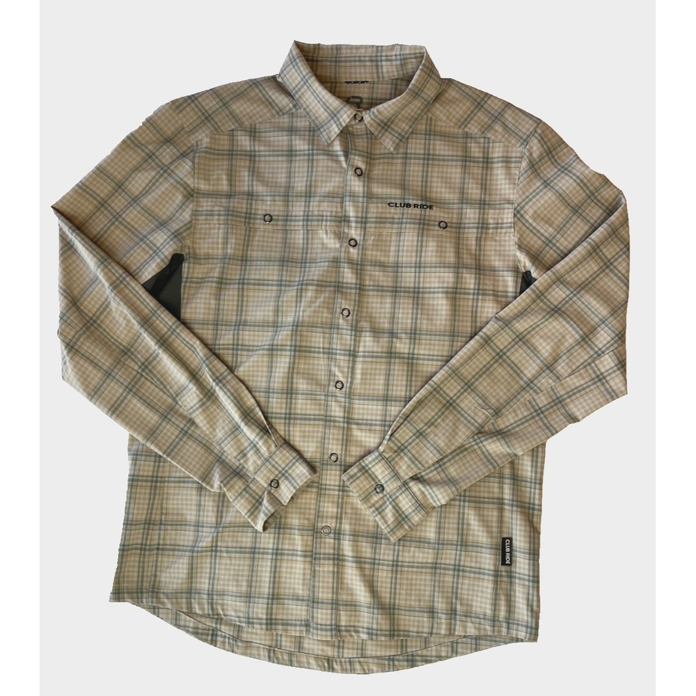 Club Ride Mens Long Sleeve Snap Shirt S Tan Sage Plaid Cycling Trail Vented